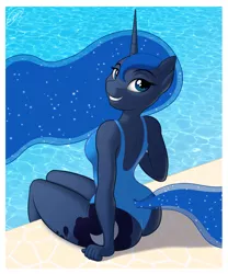 Size: 2075x2500 | Tagged: alicorn, anthro, artist:skipsy, ass, breasts, clothes, daytime, derpibooru import, female, looking at you, looking back, moonbutt, one-piece swimsuit, open-back swimsuit, poolside, princess luna, sideboob, sitting, skipsy strikes again, smiling, solo, solo female, suggestive, sunshine, swimming pool, swimsuit, wedgie, wingless, wingless anthro