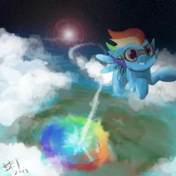 Size: 500x500 | Tagged: safe, artist:the-bigfriendlyninja, derpibooru import, rainbow dash, flying, goggles, solo, sonic rainboom, vertigo