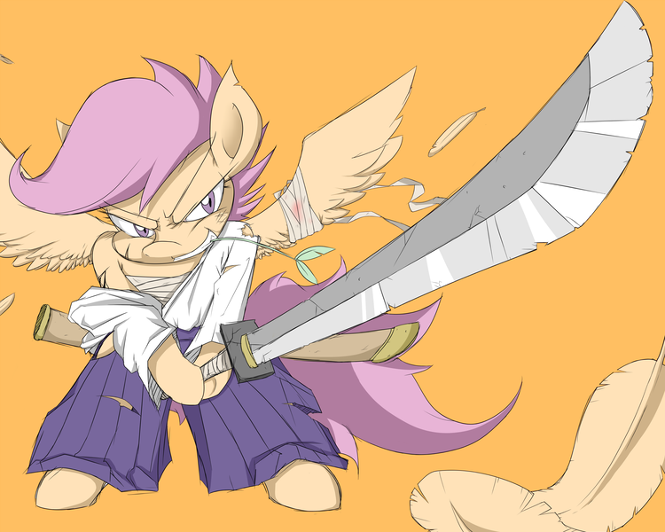 Size: 4500x3600 | Tagged: safe, artist:janji009, derpibooru import, scootaloo, pony, action pose, badass, bipedal, clothes, hakama, injured, katana, obari pose, samurai, sarashi, solo, sword, weapon