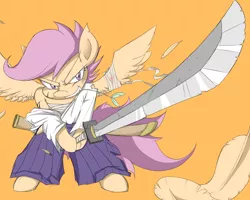 Size: 4500x3600 | Tagged: safe, artist:janji009, derpibooru import, scootaloo, pony, action pose, badass, bipedal, clothes, hakama, injured, katana, obari pose, samurai, sarashi, solo, sword, weapon