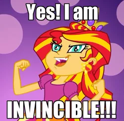 Size: 526x513 | Tagged: safe, derpibooru import, sunset shimmer, equestria girls, boris grishenko, caption, crown, faic, goldeneye, james bond, konami, meme, metal gear, metal gear rising, prom queen meme, red sun, solo