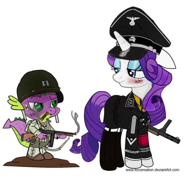 Size: 915x873 | Tagged: safe, artist:forcemation, derpibooru import, rarity, spike, blushing, female, gun, helmet, hey kid you wanna ss?, male, military, military uniform, mp-18, nazi, pun, shipping, sparity, straight, submachinegun, tommy gun, visual pun, weapon, world war ii