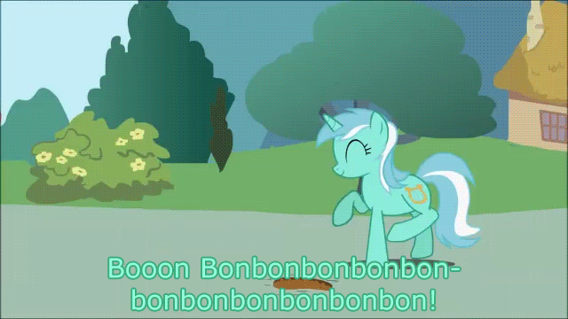 Size: 640x360 | Tagged: safe, derpibooru import, bon bon, lyra heartstrings, sweetie drops, animated, caption, dancing, happy, lyra finds a blob on the floor, prancing