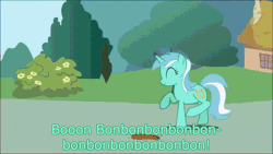 Size: 640x360 | Tagged: safe, derpibooru import, bon bon, lyra heartstrings, sweetie drops, animated, caption, dancing, happy, lyra finds a blob on the floor, prancing