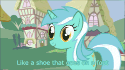 Size: 640x360 | Tagged: safe, derpibooru import, lyra heartstrings, animated, caption, lyra finds a blob on the floor, solo