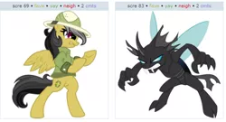 Size: 576x311 | Tagged: safe, artist:ambassad0r, derpibooru import, daring do, changeling, pony, semi-anthro, derpibooru, bipedal, claws, exploitable meme, juxtaposition, juxtaposition win, meme, meta