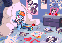 Size: 1064x750 | Tagged: source needed, suggestive, artist:misterdavey, derpibooru import, rainbow dash, rarity, pegasus, pony, unicorn, adorasexy, animated, bedroom eyes, best pone, best pony, brush, calendar, candle, clock, collection, creepy rainbow dash, crush, crush plush, cute, dashabetes, doll, drawing, female, fire ruby, fishnets, flower, foam finger, hair lock, heart, hug, interior, kiss mark, lesbian, lipstick, magazine, mare, much rarity, not creepy, obsessed dash memes, obsession, picture, pillow, pinup, pixiv, plot, plushie, pone, poster, raribetes, raridash, rarity plushie, rose, sexy, shipping, shrine, sitting, smiling, stalker dash, stalker shrine, weapons-grade cute, yandere