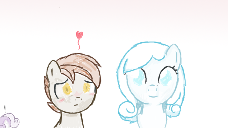 Size: 1024x576 | Tagged: artist:kittykai-art, buttonbetes, button mash, cute, foal, heart, jealous, nervous, oc, oc:snowdrop, safe, shipping, snowbetes, sweetie belle, time paradox