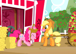 Size: 759x540 | Tagged: animated, applejack, basket hat, hat, hoofy-kicks, hyperactive, jumping, party of one, pinkie pie, pronking, safe, screencap