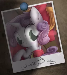 Size: 795x888 | Tagged: safe, artist:sip, derpibooru import, big macintosh, sweetie belle, earth pony, pony, blushing, crying, male, photo, shipping, stallion, straight, sweetiemac