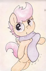 Size: 514x804 | Tagged: artist:slightlyshade, clothes, derpibooru import, safe, scarf, scootaloo, solo, traditional art