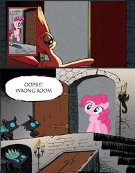 Size: 500x642 | Tagged: safe, derpibooru import, edit, pinkie pie, changeling, crossing the memes, exploitable meme, knock knock meme, meme, memeception, subversion, surprise door