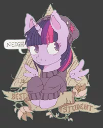 Size: 1280x1596 | Tagged: safe, artist:lonelycross, derpibooru import, twilight sparkle, twilight sparkle (alicorn), alicorn, pony, beanie, clothes, cute, female, floating wings, gray background, hat, looking away, mare, neigh, old banner, one word, simple background, smiling, solo, speech bubble, student, sweater, triangle