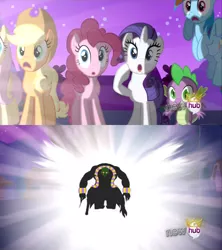 Size: 1920x2160 | Tagged: safe, derpibooru import, edit, edited screencap, screencap, applejack, fluttershy, pinkie pie, rainbow dash, rarity, spike, dragon, earth pony, pegasus, pony, unicorn, alicorn flash, exploitable meme, homestuck, hub logo, imminent death, lord english, male, mare, meme