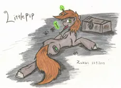 Size: 2156x1573 | Tagged: suggestive, artist:zubias, derpibooru import, oc, oc:littlepip, unofficial characters only, pony, unicorn, fallout equestria, fanfic, fanfic art, female, glowing horn, hooves, horn, levitation, lock, magic, mare, mouth hold, screwdriver, solo, solo female, telekinesis, traditional art