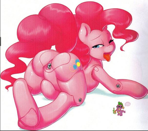 Size: 607x537 | Tagged: source needed, questionable, artist:gunmouth, derpibooru import, pinkie pie, spike, ponified, object pony, original species, robot, hoofbeat 2, aroused, battery slot, doll, dollified, featureless crotch, female, gynoid, inanimate tf, joint, looking at you, looking back, looking back at you, one eye closed, parody, pinup, plastic, plot, presenting, rubbing, screw, shiny, simple background, solo, solo female, tongue out, toy, transformation, unfortunate design, walkin' talkin' pinkie pie, white background, wink