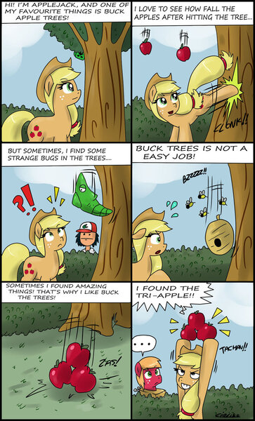 Size: 695x1150 | Tagged: safe, artist:ciriliko, derpibooru import, applejack, big macintosh, bee, earth pony, human, metapod, pony, apple, apple tree, applebucking, ash ketchum, beehive, bucking, comic, creeper, crossover, engrish, male, poker face, pokémon, reference, stallion, tchan!, the legend of zelda, tree, triforce, zas