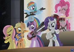 Size: 3450x2439 | Tagged: safe, artist:template93, derpibooru import, applejack, fluttershy, pinkie pie, rainbow dash, rarity, twilight sparkle, pony, band, bass guitar, bipedal, commission, drums, flute, guitar, high res, hilarious in hindsight, musical instrument, shakuhachi, shamisen, stage