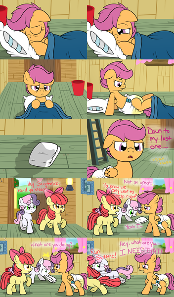 Size: 2200x3750 | Tagged: apple bloom, artist:fillyscoots42, ask crinkleloo, comic, crinkleloo, cutie mark crusaders, diaper, diaper fetish, questionable, scootaloo, sweetie belle, urine, wet diaper