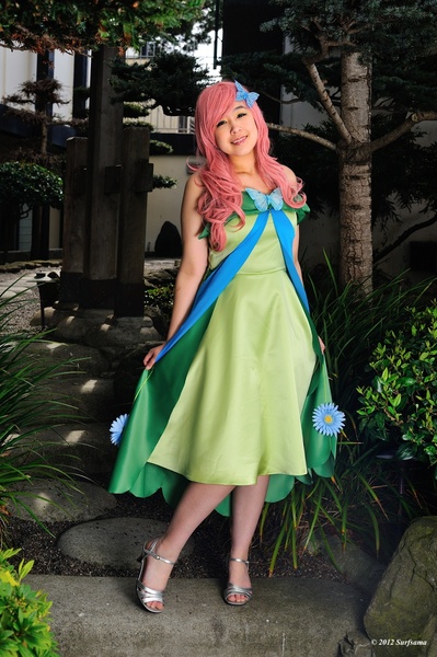 Size: 852x1280 | Tagged: animation on display, artist:areihanai, clothes, cosplay, derpibooru import, dress, fluttershy, gala dress, human, irl, irl human, photo, safe, solo