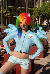 Size: 2016x3024 | Tagged: anime la, artist:ladymella, belly button, clothes, cosplay, derpibooru import, human, irl, irl human, jacket, midriff, photo, rainbow dash, safe, shorts, solo