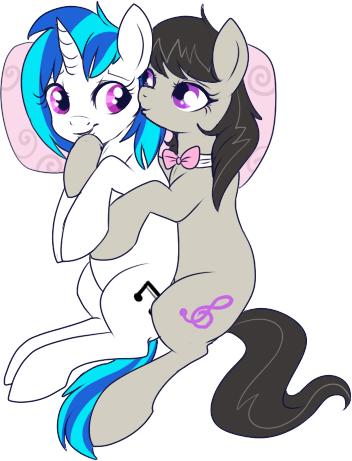 Size: 352x461 | Tagged: safe, artist:lulubell, derpibooru import, octavia melody, vinyl scratch, earth pony, pony, unicorn, bowtie, cuddling, cute, female, kissing, lesbian, mare, pillow, scratchtavia, shipping, simple background, snuggling, spooning, tavibetes, transparent background, vinylbetes