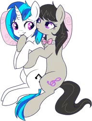 Size: 352x461 | Tagged: safe, artist:lulubell, derpibooru import, octavia melody, vinyl scratch, earth pony, pony, unicorn, bowtie, cuddling, cute, female, kissing, lesbian, mare, pillow, scratchtavia, shipping, simple background, snuggling, spooning, tavibetes, transparent background, vinylbetes