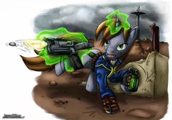 Size: 1200x838 | Tagged: safe, artist:jeffk38uk, derpibooru import, oc, oc:littlepip, unofficial characters only, pony, unicorn, fallout equestria, fanfic, bullet, clothes, cutie mark, fanfic art, female, glowing horn, gun, handgun, hooves, horn, levitation, magic, mare, open mouth, pipbuck, pistol, shooting, solo, teeth, telekinesis, vault suit, wasteland, weapon