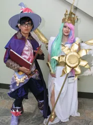 Size: 487x650 | Tagged: artist:cookiekabuki, cosplay, derpibooru import, hat, human, irl, irl human, otakon, photo, princess celestia, rule 63, safe, scepter, twilight sparkle, wizard hat