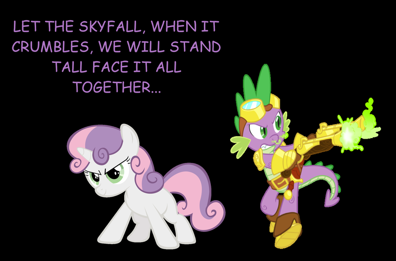 Size: 2445x1610 | Tagged: safe, derpibooru import, spike, sweetie belle, adele, armor, female, james bond, male, shipping, skyfall, song reference, spikebelle, straight