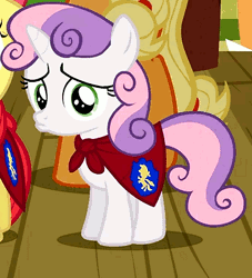 Size: 360x396 | Tagged: animated, apple bloom, applejack, cape, clothes, cute, derpibooru import, diasweetes, one bad apple, pouting, sad, safe, sweetie belle
