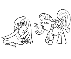 Size: 900x750 | Tagged: artist needed, source needed, safe, derpibooru import, fluttershy, gilda, gryphon, abuse, gildabuse, monochrome, personality swap, role reversal, scared, yelling