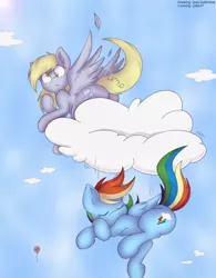 Size: 980x1258 | Tagged: safe, artist:jobo37, artist:joey darkmeat, derpibooru import, derpy hooves, rainbow dash, pegasus, pony, bump, butt bump, colored, female, mare, plot, pushing, sleeping