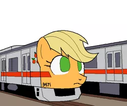 Size: 540x452 | Tagged: applejack, artist:tetsutowa, derpibooru import, pixiv, safe, simple background, solo, train, train ponies, wat, what has science done, white background, why