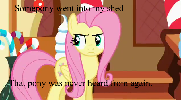 Size: 631x349 | Tagged: safe, derpibooru import, fluttershy, .mov, shed.mov, caption, image macro, solo