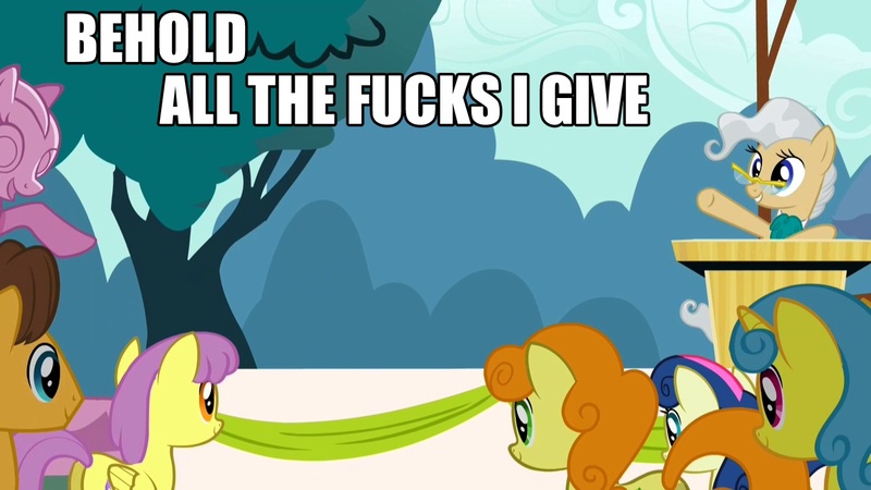 Size: 1280x720 | Tagged: behold, bon bon, caramel, carrot top, derpibooru import, dialogue, edit, edited screencap, golden harvest, image macro, lemon hearts, mayor mare, meme, no fucks, parasol, safe, screencap, sweetie drops, the last roundup, vulgar