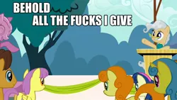 Size: 1280x720 | Tagged: behold, bon bon, caramel, carrot top, derpibooru import, dialogue, edit, edited screencap, golden harvest, image macro, lemon hearts, mayor mare, meme, no fucks, parasol, safe, screencap, sweetie drops, the last roundup, vulgar