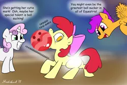Size: 1170x780 | Tagged: apple bloom, artist:strebiskunk, ball, ball sucking, bowling ball, cutie mark, cutie mark crusaders, cutiespark, mouth hold, pun, scootaloo, suggestive, sweetie belle