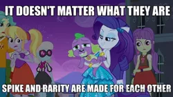 Size: 640x360 | Tagged: safe, derpibooru import, screencap, cloudy kicks, photo finish, rarity, spike, starlight, equestria girls, background human, bestiality, female, image macro, interspecies, male, meme, shipping, sparity, straight, text, zoophilia