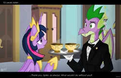 Size: 1703x1094 | Tagged: safe, artist:wolfjedisamuel, derpibooru import, spike, twilight sparkle, twilight sparkle (alicorn), alicorn, dragon, pony, bowtie, butler, clothes, drink, fake screencap, female, hoof shoes, mare, older, older spike, platter, subtitles, suit, tea, teacup, the butler, tray, waiter, winged spike