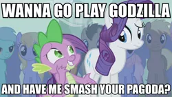 Size: 800x450 | Tagged: safe, derpibooru import, edit, edited screencap, screencap, rarity, spike, dragon, earth pony, pony, unicorn, boast busters, atop the fourth wall, bad pickup line spike, caption, female, godzilla (series), innuendo, male, mare, stallion