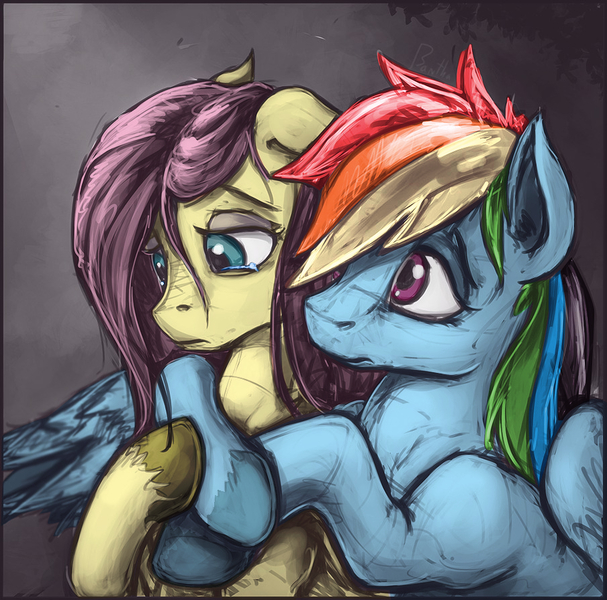 Size: 904x893 | Tagged: safe, artist:allosaurus, artist:bantha, derpibooru import, edit, fluttershy, rainbow dash, pegasus, pony, colored, comforting, female, flutterdash, hug from behind, lesbian, mare, sad, shipping