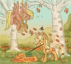 Size: 1000x891 | Tagged: 30 minute art challenge, applejack, artist:king-kakapo, autumn, autumn leaves, derpibooru import, leaves, oc, ponified, rake, safe