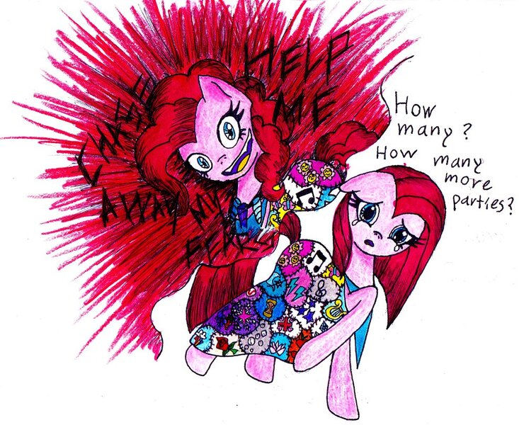 Size: 988x809 | Tagged: artist:vennyr, derpibooru import, fanfic:cupcakes, pinkamena diane pie, pinkie pie, semi-grimdark