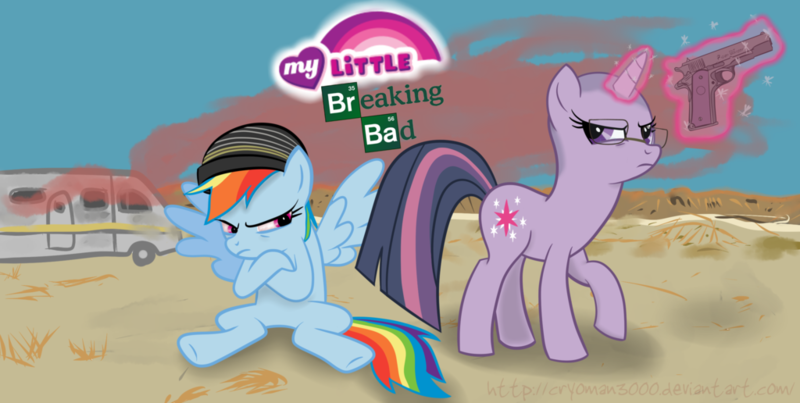 Size: 1024x516 | Tagged: artist:cryoman3000, bald, beanie, breaking bad, crossover, cutie mark, derpibooru import, desert, glasses, gun, hat, jesse pinkman, jessie pinkmen, m1911, magic, mane, meth lab, pistol, rainbow dash, rv, safe, shaved mane, tail, twilight sparkle, walter white, weapon