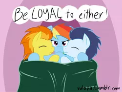 Size: 1600x1200 | Tagged: safe, artist:vulapa, derpibooru import, rainbow dash, soarin', spitfire, pegasus, pony, bisexual, female, hug, lesbian, male, mare, ot3, polyamory, sandwich, shipping, soarin' gets all the mares, soarindash, soarindashfire, spitdash, stallion, straight, why not both