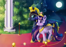 Size: 1500x1088 | Tagged: safe, artist:stasushka, derpibooru import, twilight sparkle, twilight sparkle (alicorn), oc, oc:zephyr, alicorn, pony, blushing, canon x oc, female, guard, hug, mare, moon, night, shipping, smiling, twiphyr, walking, winghug