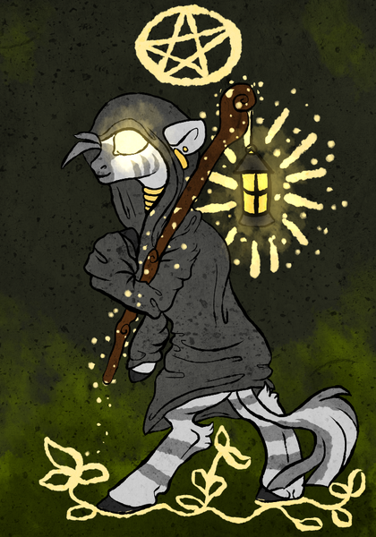 Size: 700x1000 | Tagged: artist:coppahhead, cloak, clothes, derpibooru import, lantern, pentagram, safe, staff, tarot, tarot card, zebra, zecora