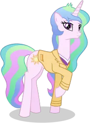 Size: 1412x1920 | Tagged: safe, artist:arvaus, derpibooru import, princess celestia, ponified, pony, unicorn, equestria girls, alternate hairstyle, clothes, equestria girls outfit, equestria girls ponified, looking at you, messy mane, missing accessory, pinklestia, ponified humanized pony, principal celestia, raised hoof, smiling, solo, wingless