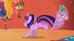 Size: 960x540 | Tagged: safe, derpibooru import, screencap, spike, twilight sparkle, dragon, pony, unicorn, the return of harmony, animated, butt, dancing, duo, excited, eyes closed, female, happy, jumping, levitation, magic, male, mare, open mouth, plot, pronking, smiling, telekinesis, tongue out